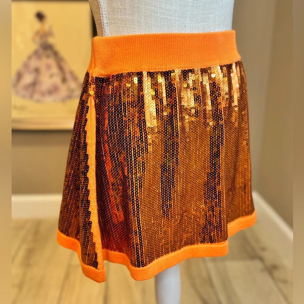 New! QUEEN OF SPARKLES Orange Full Sequin Mini Skirt